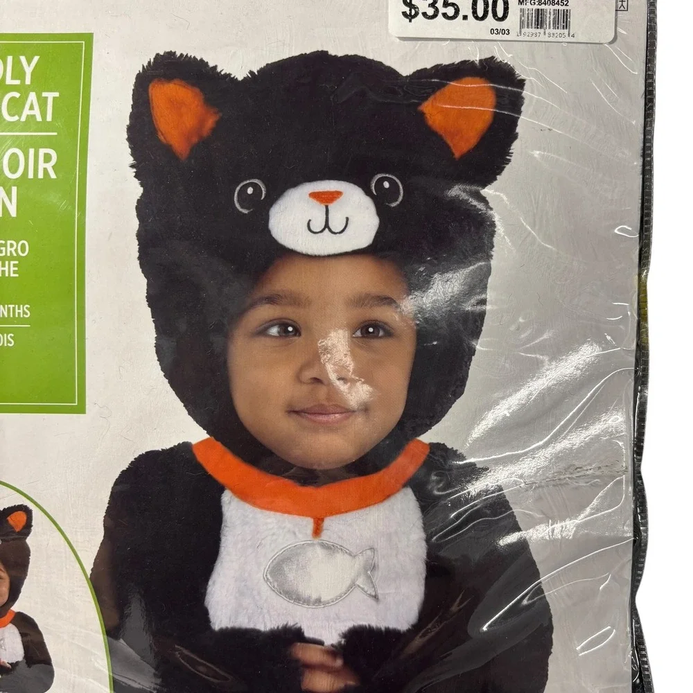 Cuddly Black Cat Costume Infant Halloween Jumpsuit Hood Detachable‎ Tail 0-6 Mo